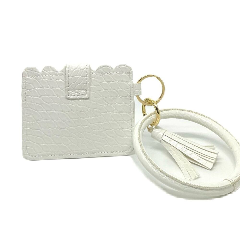 White Faux Leather Cardholder Bangle Key Ring with Tassels - Picture 3 of 3